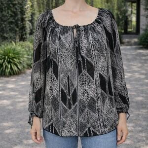 BCBGMAXAZRIA Black White Geometric Print Blouse Top Women's Size L